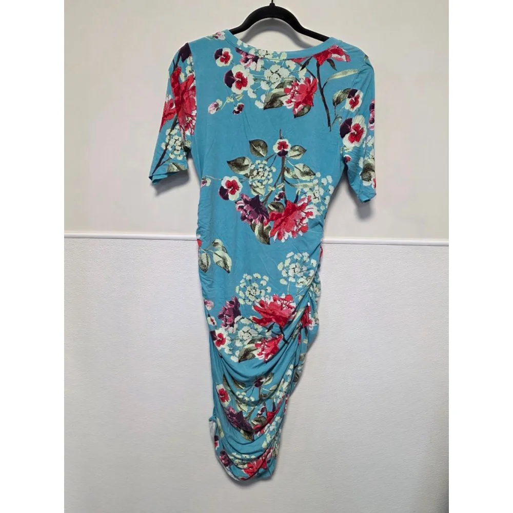 Women's Motherhood Maternity Blue Red Floral Ruched Midi Dress‎ M - Picture 7 of 7